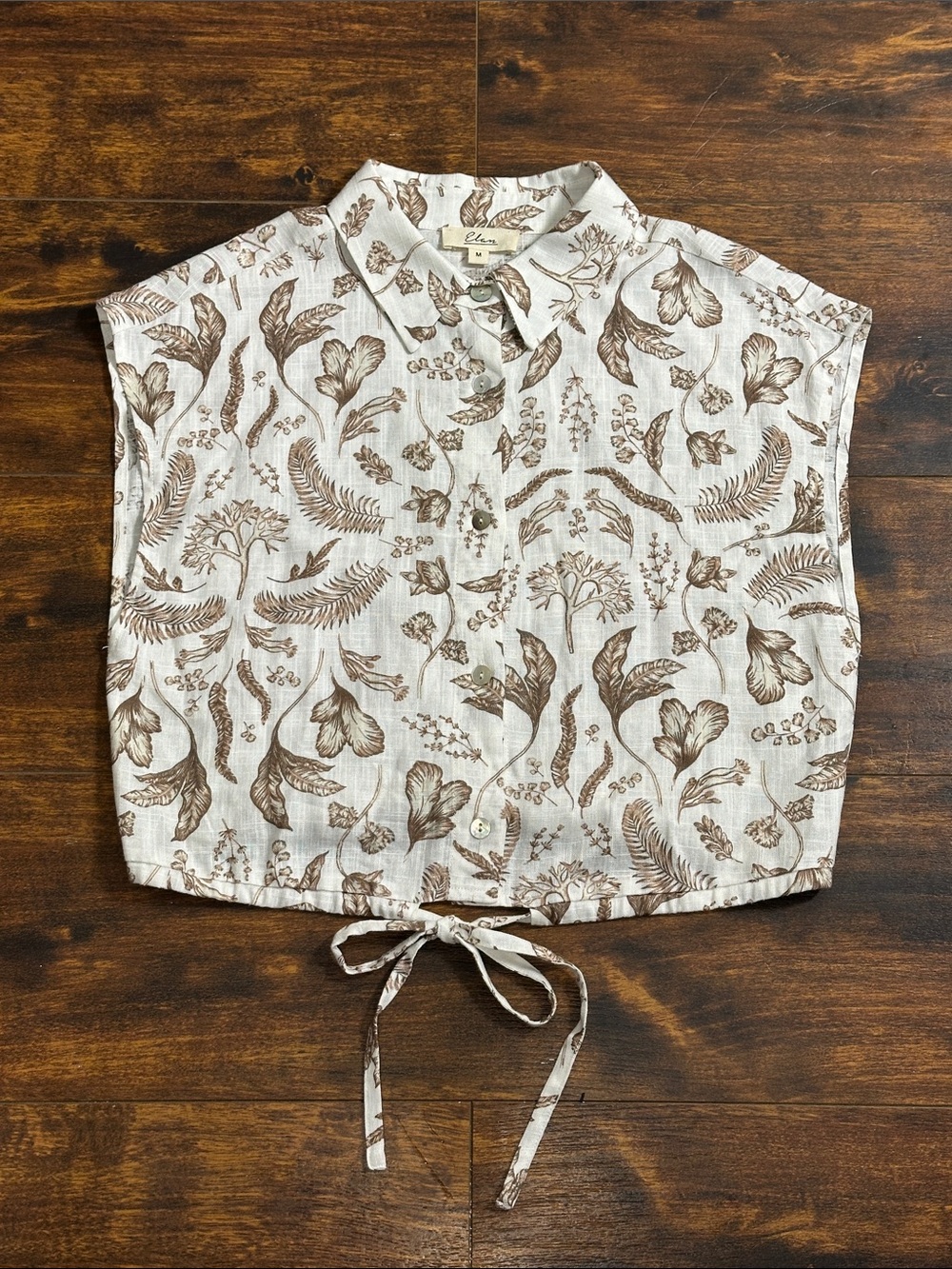 Elan M Botanical Crop Top 🌿 Brown Fern Print Tie Hem Button Up ✨